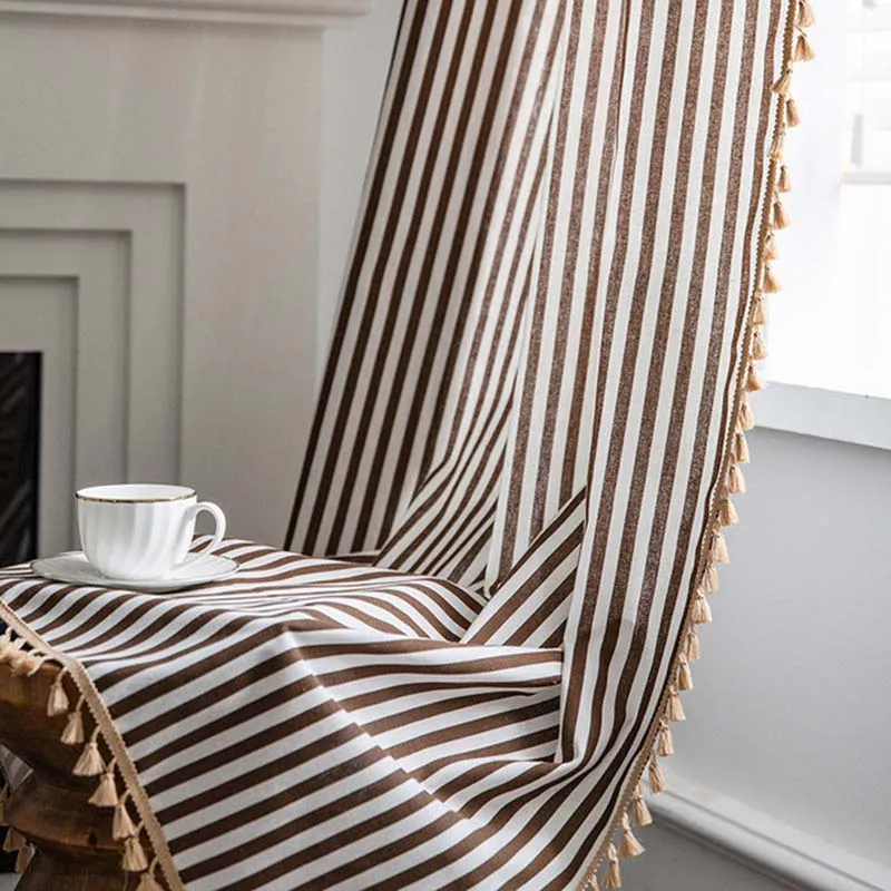 

Coffee Striped Window Curtain Cotton & Linen Semi-Shading with Tassel Lace Strap Top Rod Pocket Drape for Kitchen Bedroom TJ6180