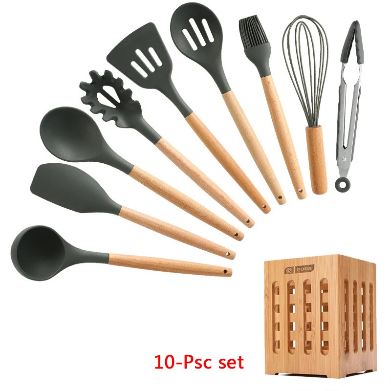 10-Pcs kitchen set 11-13 шт Силиконовая кухонная утварь набор кухонной утвари антипригарный шпатель Премиум деревянная ручка с ящиком для хранения кухонные инструменты - Цвет: 10-Pcs kitchen set