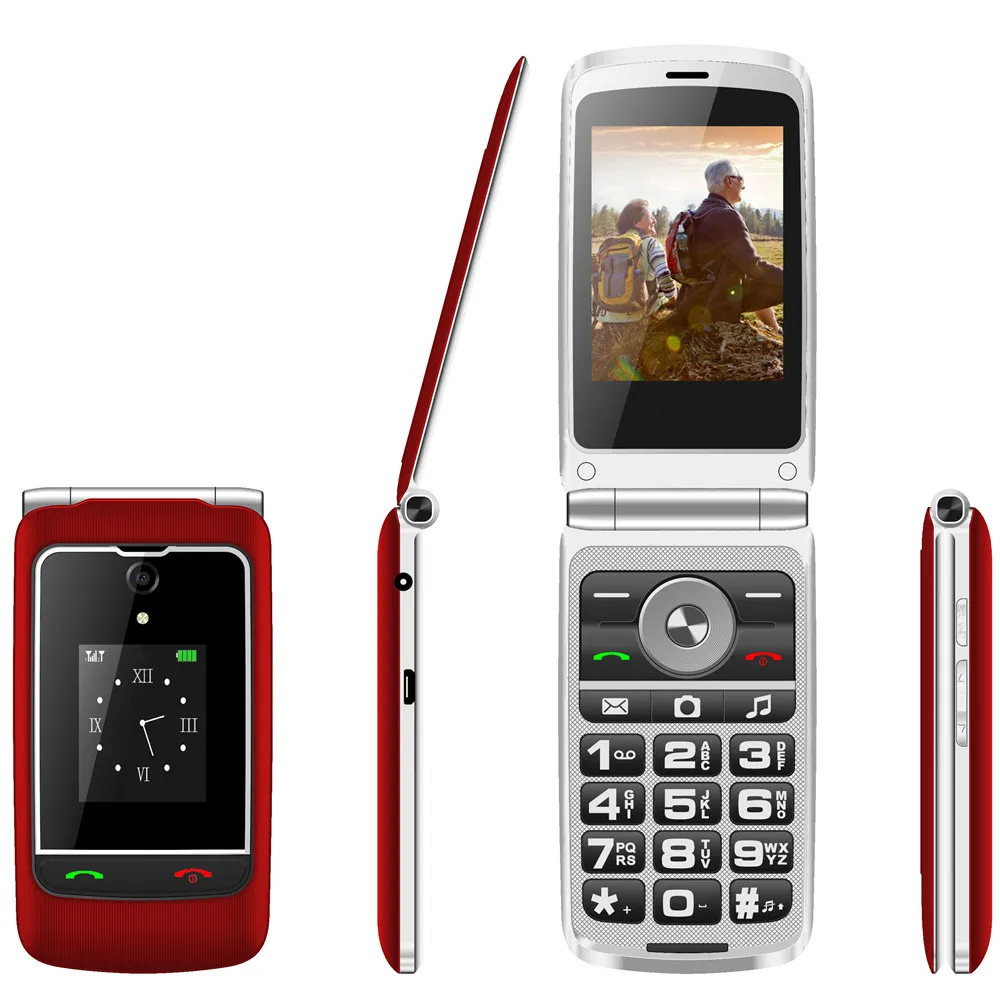 

F3 Dual Display Flip Mobile Phone Telephone For Elder SOS Feature Clamshell CellPhone Big Button Free Desktop Charger