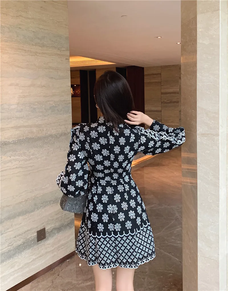Vintage Print Snowflake Floral Women Lantern Long Sleeve Slim Mini Dress 2020 Autumn Ladies Runway Big Sizes Dresses Vestidos | Женская