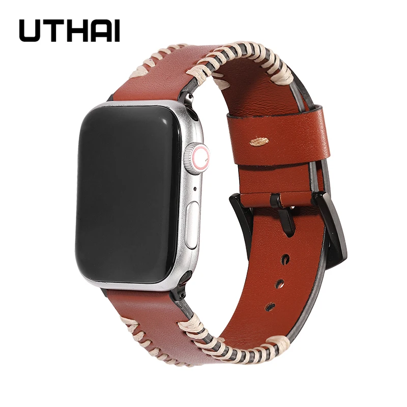UTHAI P94 кожаный ремешок для Apple Watch 7 6 SE 5 4 38 мм 40 iwatch5 3 2 1 часов 44 42 браслет | Наручные