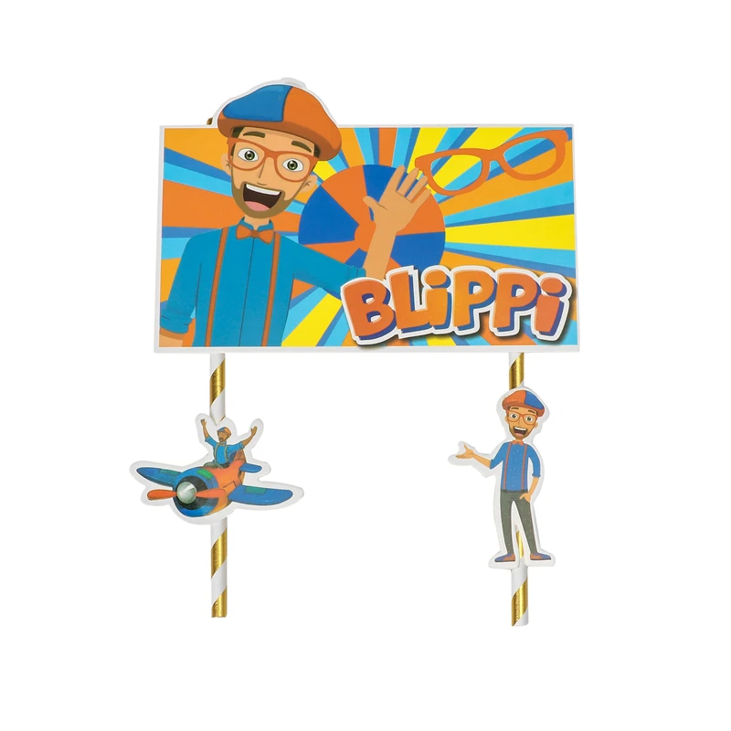 

1set/lot Birthday Events Party Decorate Blippi Theme Cupcake Toppers with Card Happy Baby Boys Shower Cartoon Straws Cake Flag