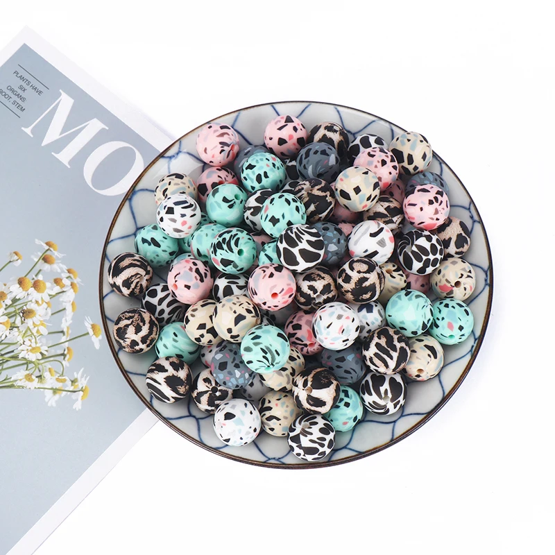 10 шт./лот 12 мм леопардовые камуфляжные силиконовые бусины для прорезывания зубов