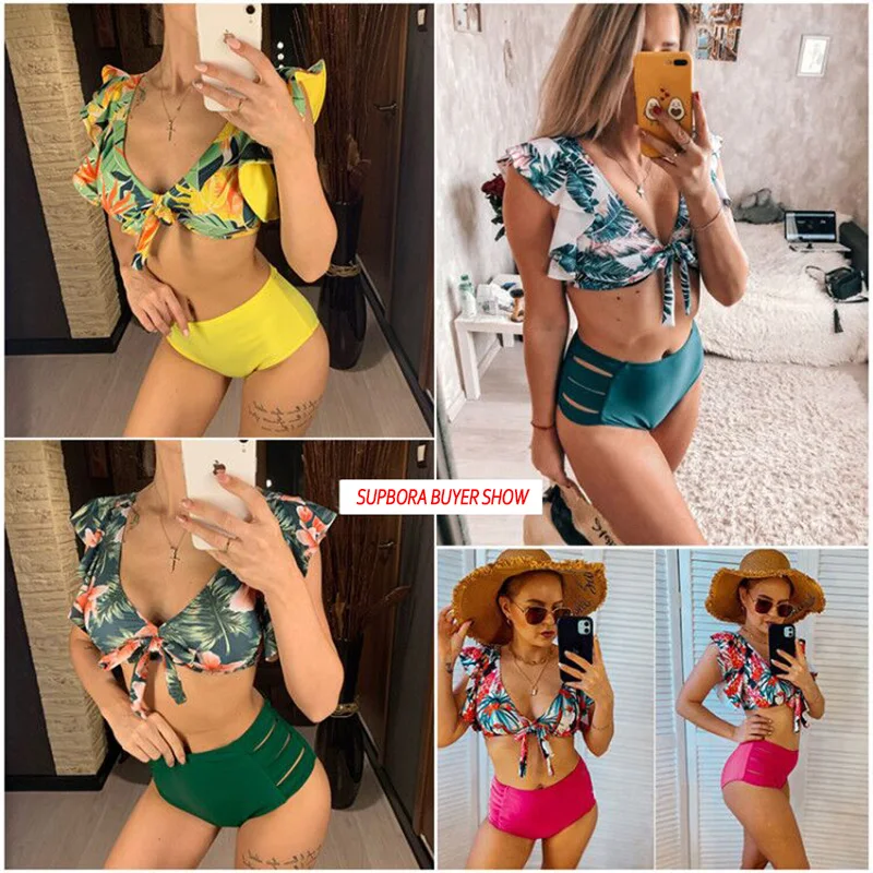 

Floral Ruffled Hem Bikini Set Women Flora V-Neck High-Waisted Two Piece Swimsuit 2021 Girl Beach Bathing Suit Swimwear Biquinis
