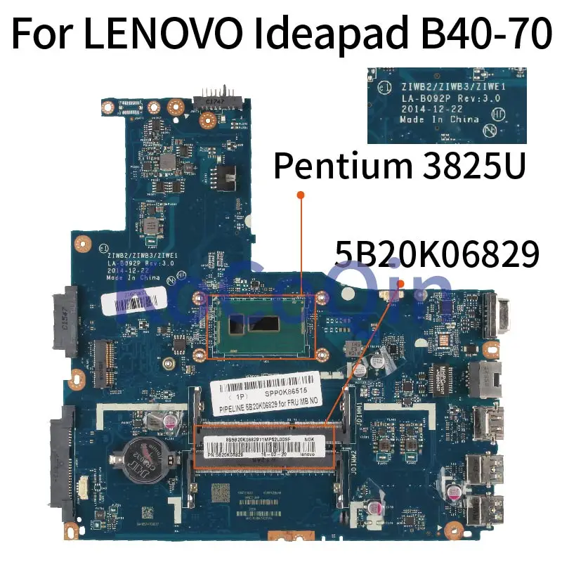 KoCoQin материнская плата для ноутбука LENOVO Ideapad B40 70 Core SR24B Pentium 3825U LA B092P 5B20K06829