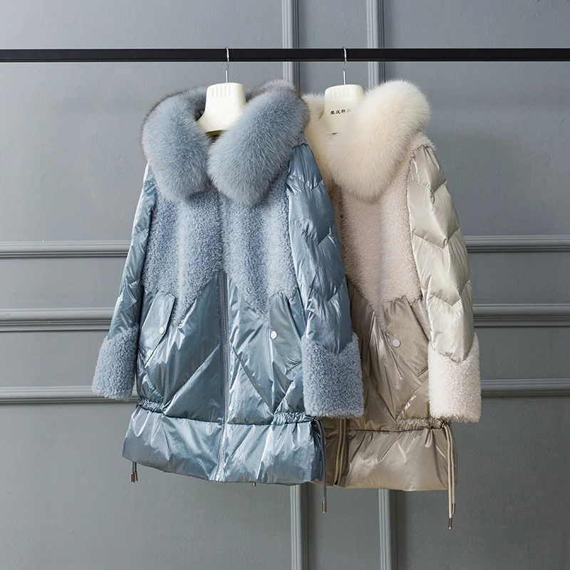 

Broken size fashion particles down mid-length fox fur hooded sheep cut fur coat