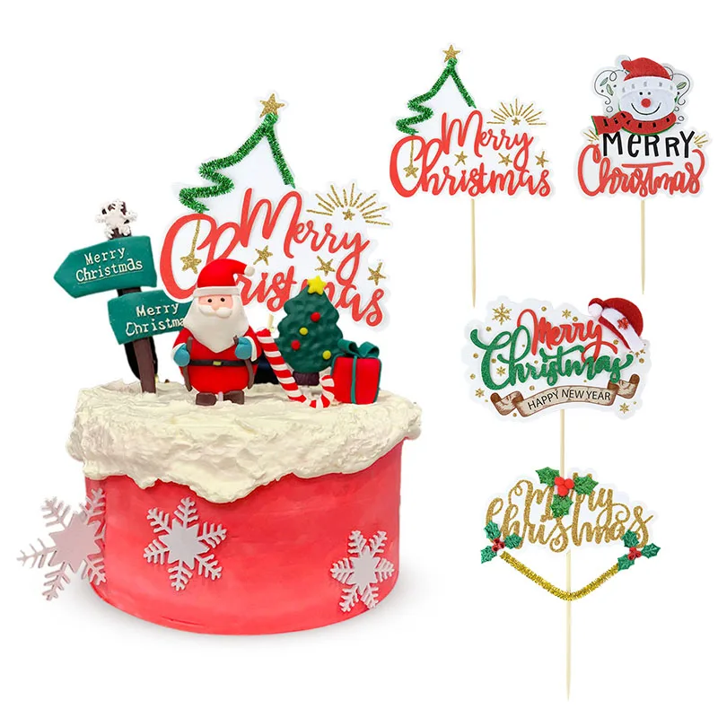 

4pcs Merry Christmas Cake Topper Cartoon Christmas Tree Snowman Cupcake Card DIY Dessert New Year Party Decoration Accessories