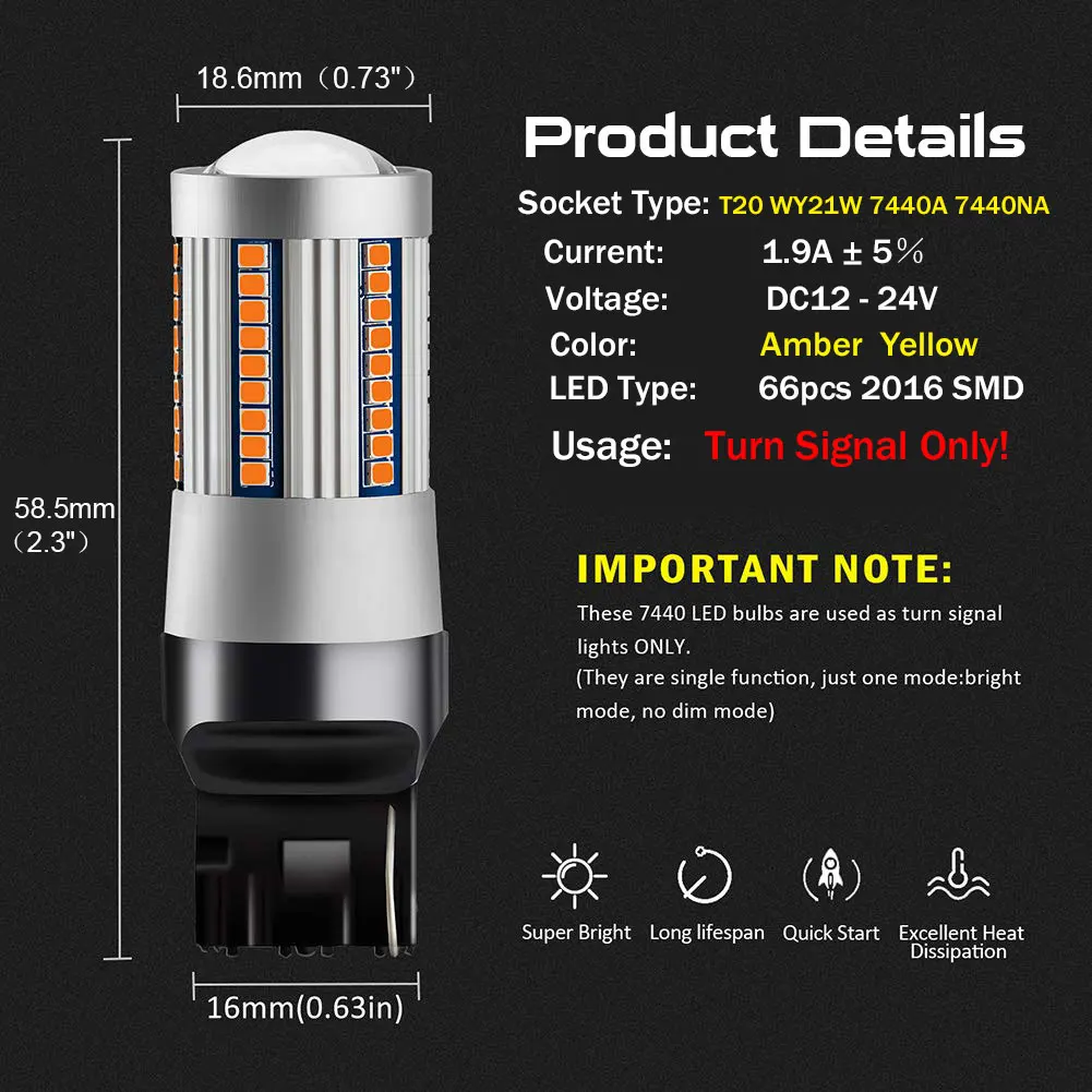 WY21W T20 7440A 7440NA светодиодные лампы янтарно-желтого цвета для указателей поворота со