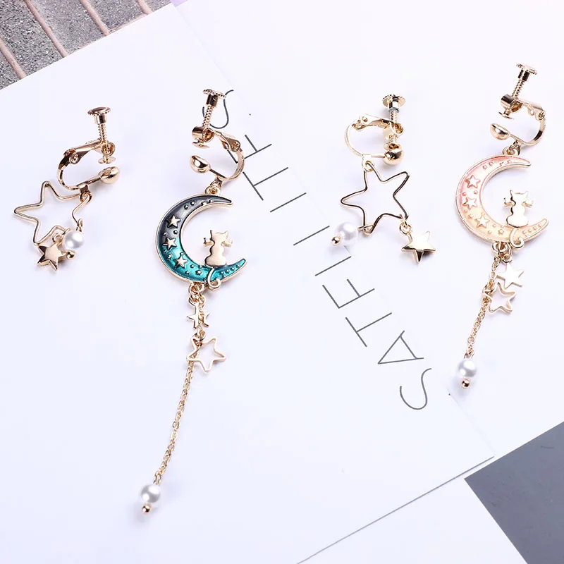 Серьги клипсы женские асимметричные длинные серьги гвоздики с изображением