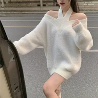 off shoulder knitted sweater oversize women pullover korean cross sexy loose long sleeve sweater blouse top y2k jersey mujer