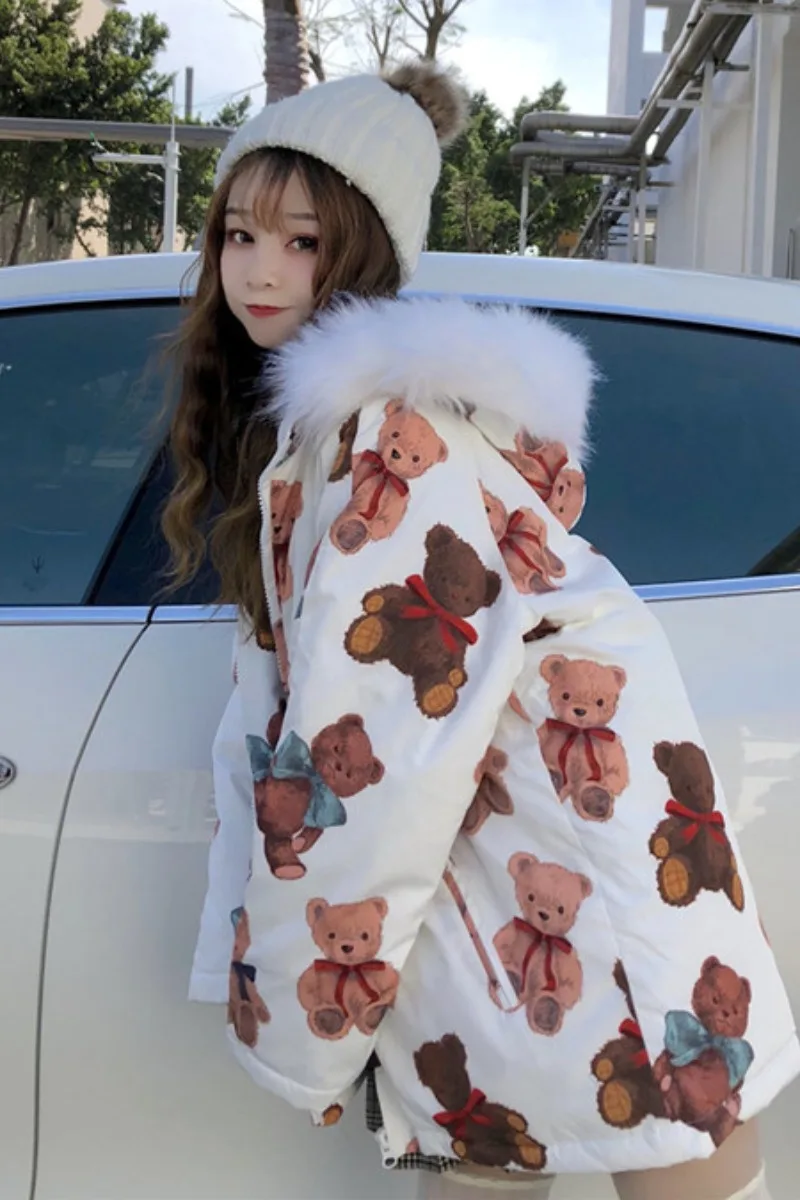 

Cotton padded clothes 2020 new women's winter medium long bear print big wool collar hooded loose and versatile cotton coat coat