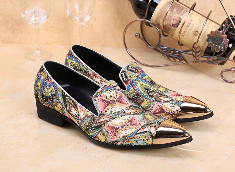 

Christia Bella Fashion Colorful Pattern Metal Pointed Toe Men Loafers Wedding Party Men Dress Shoes Slip on Casual Leather Flats