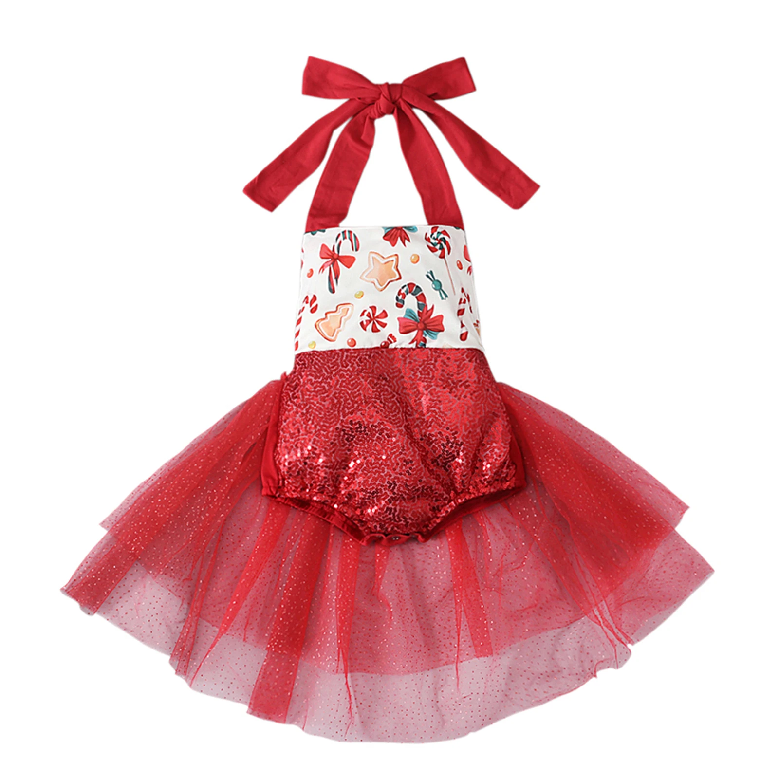 

Newborn Baby Girl Christmas Romper Dress Sequin Halter Tulle Tutu Bodysuit Skirt Princess Outfit Xmas Party Costume 0-24M