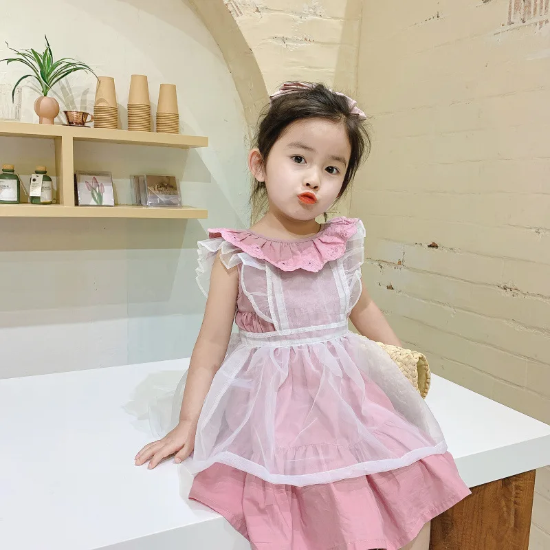 

Summer New Arrival Korean style cotton pure color sweet sleeveless princess dress with back belt for cute baby girls