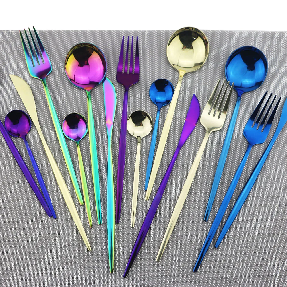 24 шт. красочные радужные золотые столовые приборы набор посуды из нержавеющей