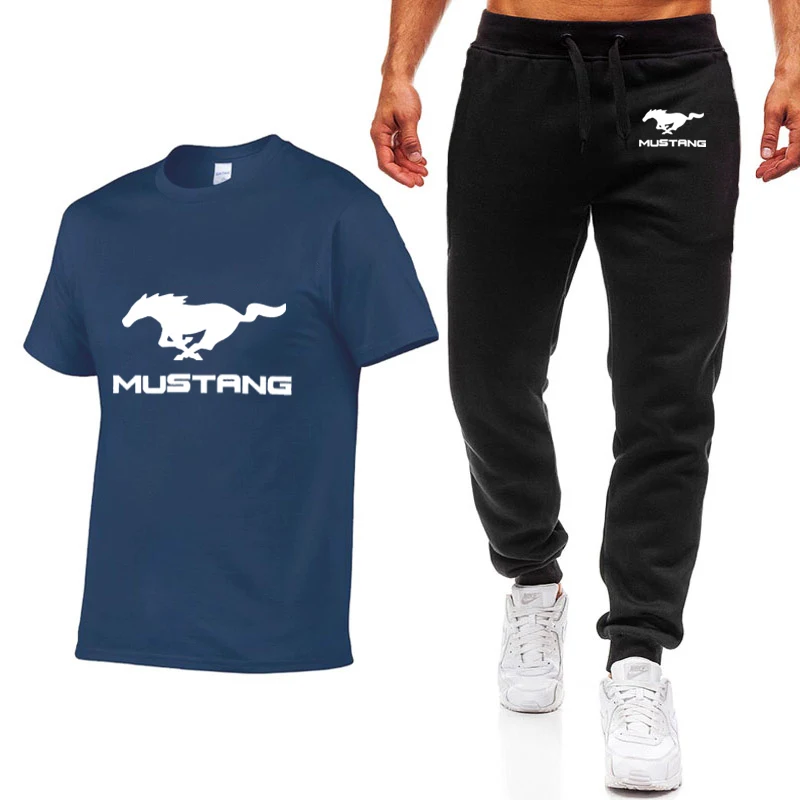 

Unisex Men's T-Shirt Mustang Car Logo Summer Casual Short Sleeve Round Neck Cotton Men's T-shirt+pants 2 piece suit