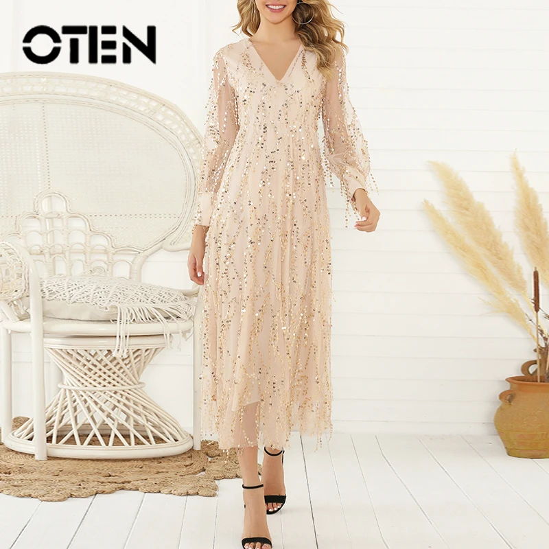 Сексуальное длинное платье OTEN с длинным рукавом и блестками женское вечернее