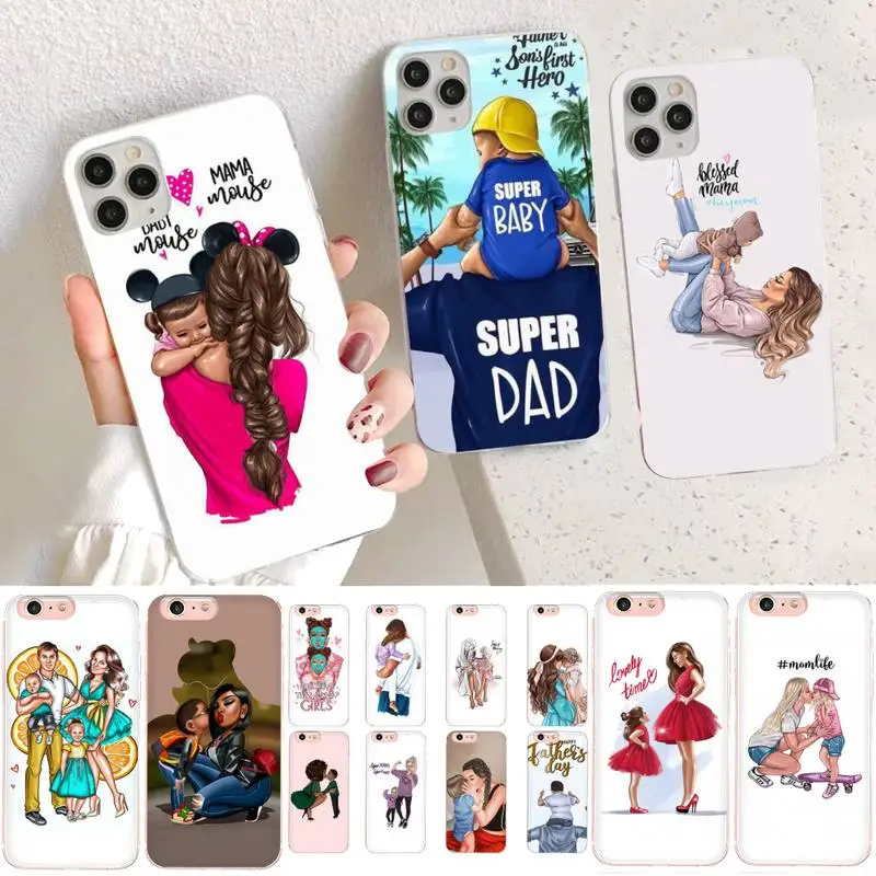 

YNDFCNB Black Brown Hair Baby Mom daughter Girl Son Dad Phone Case for iphone 13 11 12 pro XS MAX 8 7 6 6S Plus X 5S SE 2020 XR