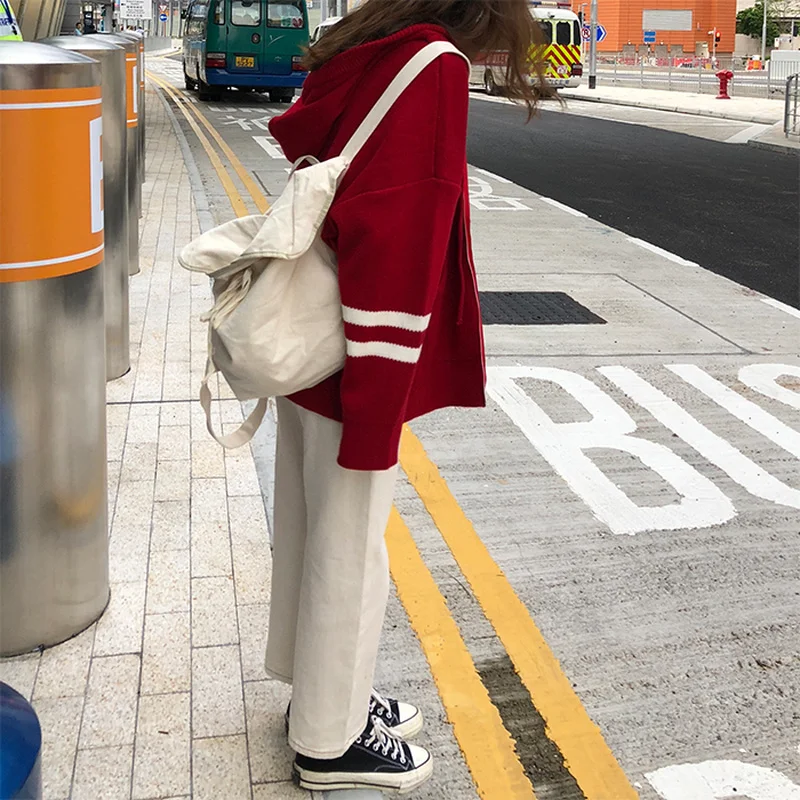 Woherb Harajuku Knitted Cardigan Women Korean Style Modis Striped Print Hooded Sweater Coat Girls Casual Runway Sweaters