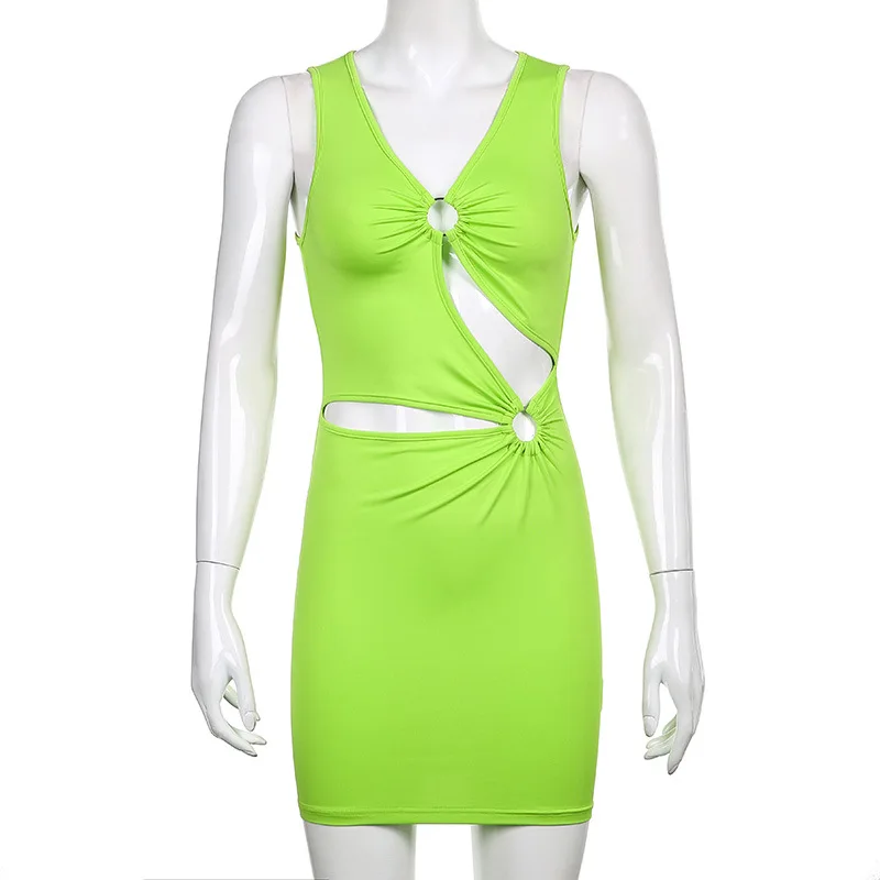

WEPBEL Dress Women's Sexy Hollow Out Ring Solid Color Slim Dress Summer Fashion Print Sleeveless V-neck High Waist Dress