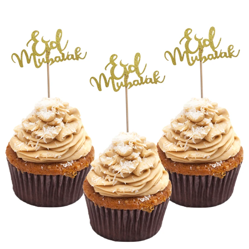 

10Pcs Gold Silver Glitter Eid Mubarak Cupcake Toppers Ramadan Festival Decoration Islamic Muslim Eid al-Fitr Party Cake Supplies
