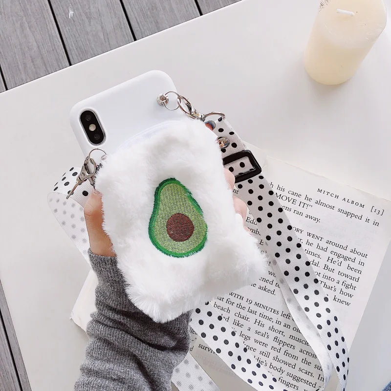 Для iPhone 11 Pro Xs Max Xr X 8 7 6s 6 Plus Мягкие плюшевые фрукты, авокадо персик Портмоне Кошелек Мягкий силиконовый чехол сo шнуром ремешок на шею, через плечо