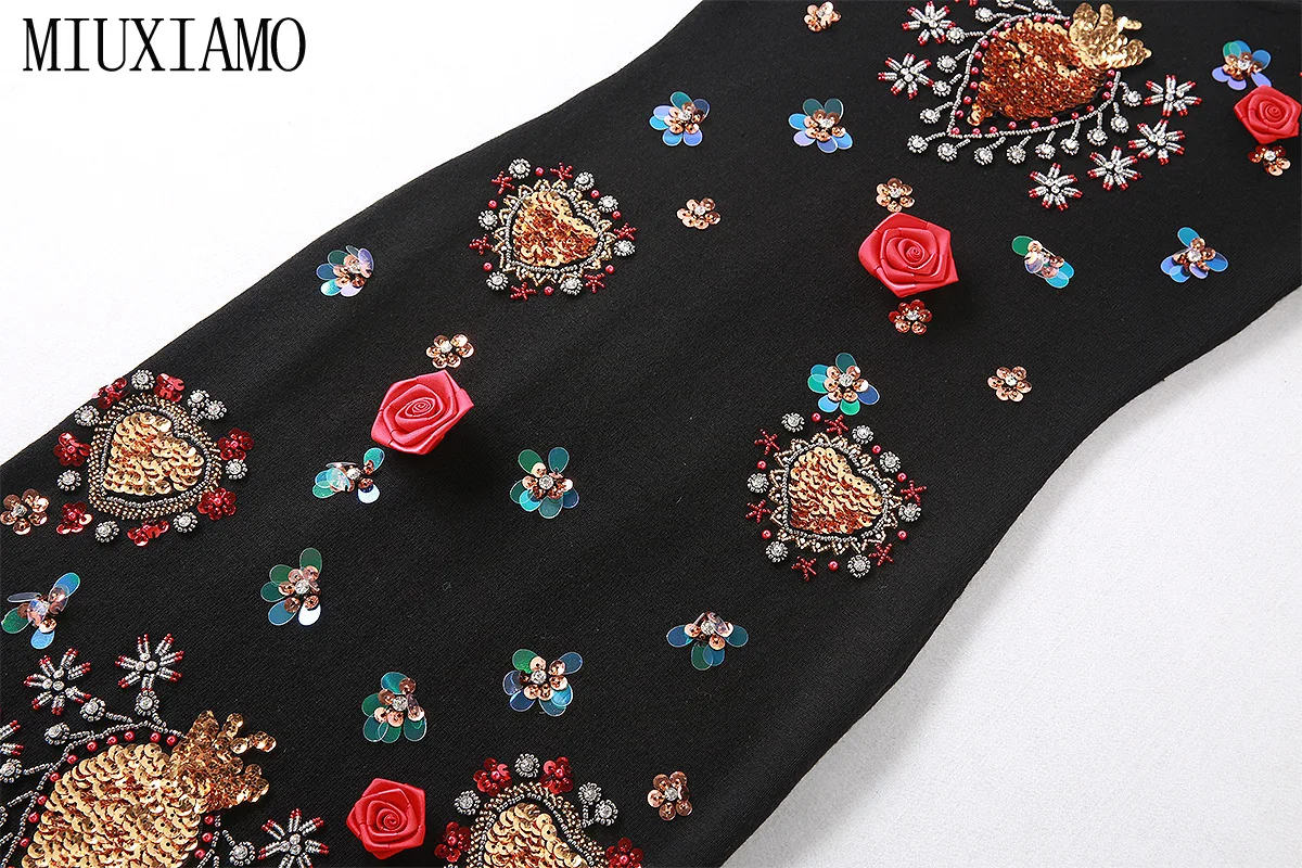 MIUXIMAO/роскошное осеннее платье для подиума, с коротким рукавом, с блестками, бриллиантами, с аппликацией в виде цветка, черное винтажное тонкое платье для женщин, Vestido