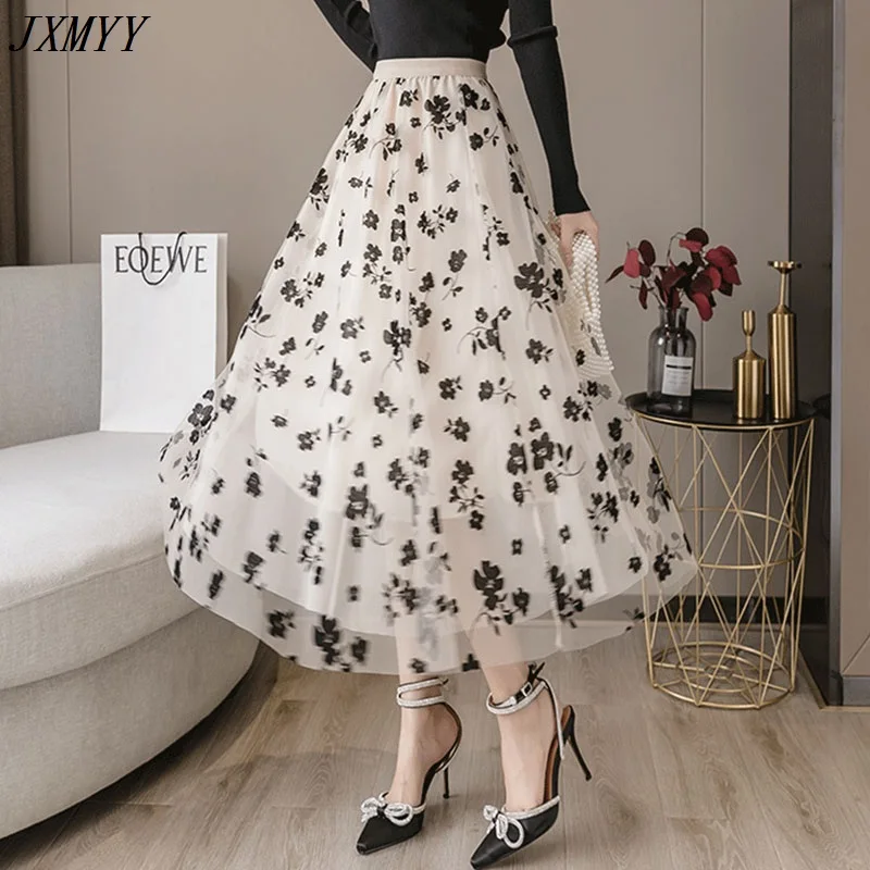 

JXMYY Spring Summer 2021 new mesh skirt women flocking high waist mid-length yarn skirt T:1228
