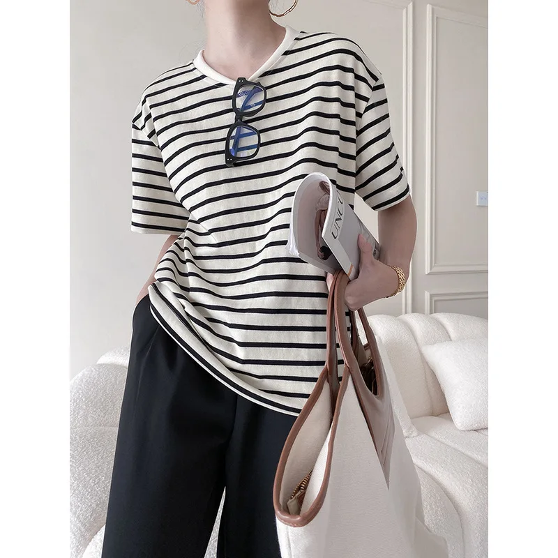 

Design Basic Striped round Neck T-shirt Female 2021 Summer Autumn New Style Casual Loose Short Sleeves