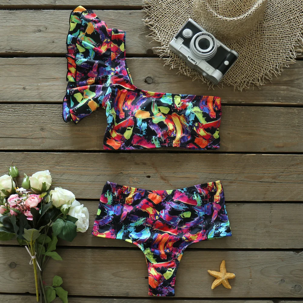 

2021 New Sexy One Shoulder Bikinis Women Swimsuit Ruffle Swimwear High Waist Bathing Suits Beach Wear Biquini Female