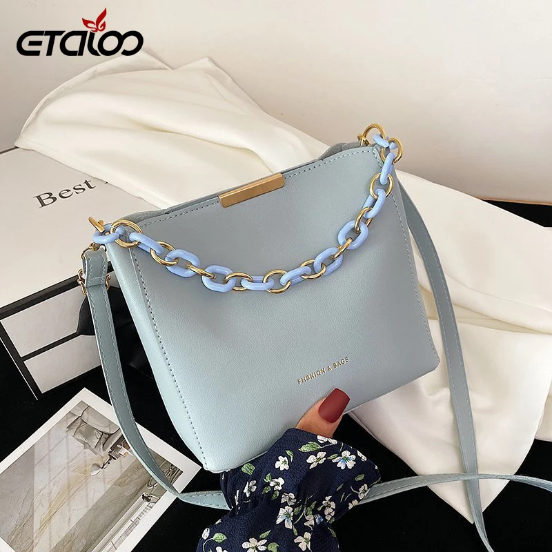 

Women Bag Fashion PU Leather Shoulder Handbags Solid Color Chain Design Bucket Tote Female Luxury Casual Crossbody Bags 2021