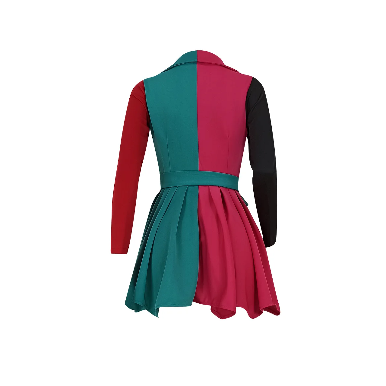 

Colorblock Fashion Mini Dress Long Sleeve Tshirt Dresses With Sashes Woman Vintage Clothing Patchwork Fashion Pleated Dresses