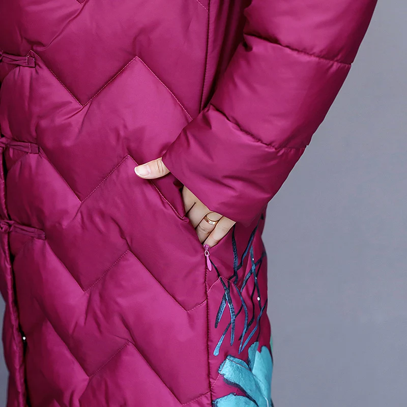 

vintage Print Thicken Coats women 2019 winter new Long Cotton jacket women fashion Hooded Warm Parkas Female