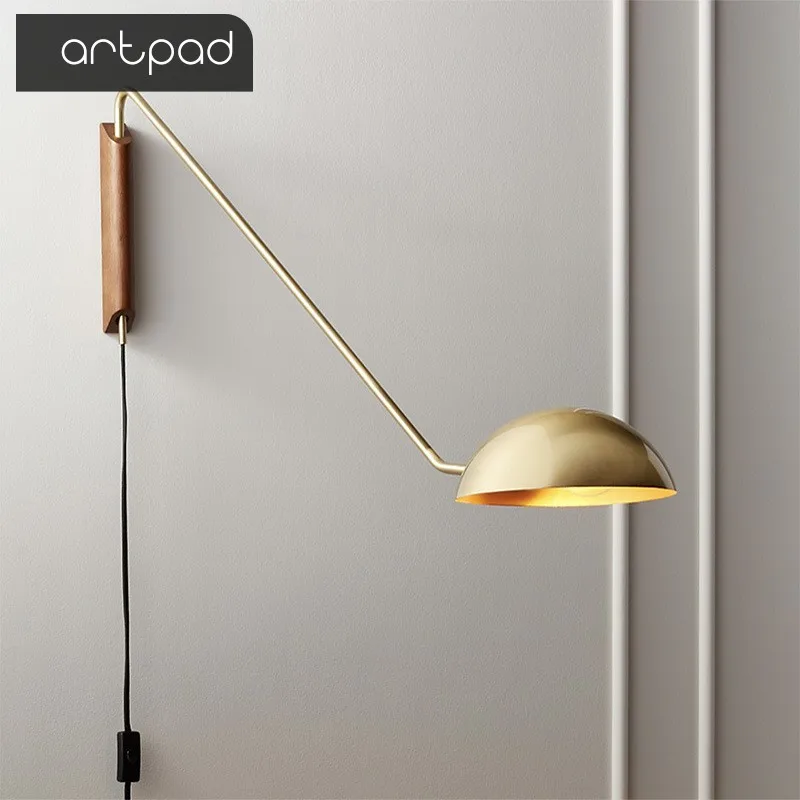 

Artpad Italy Modern Design Metal Wall Lamp with Rotatable Long Arm for Living room Sofa Light Wall Mounted Lamp with Wooden Base