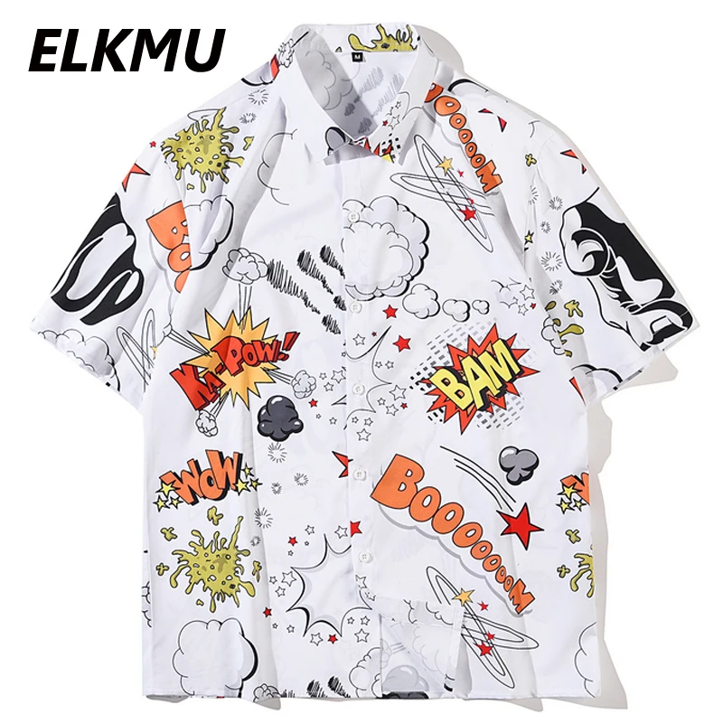 

Мужская пляжная рубашка ELKMU, в стиле хип-хоп, с коротким рукавом, на пуговицах, на лето, HE872, футболка с граффити