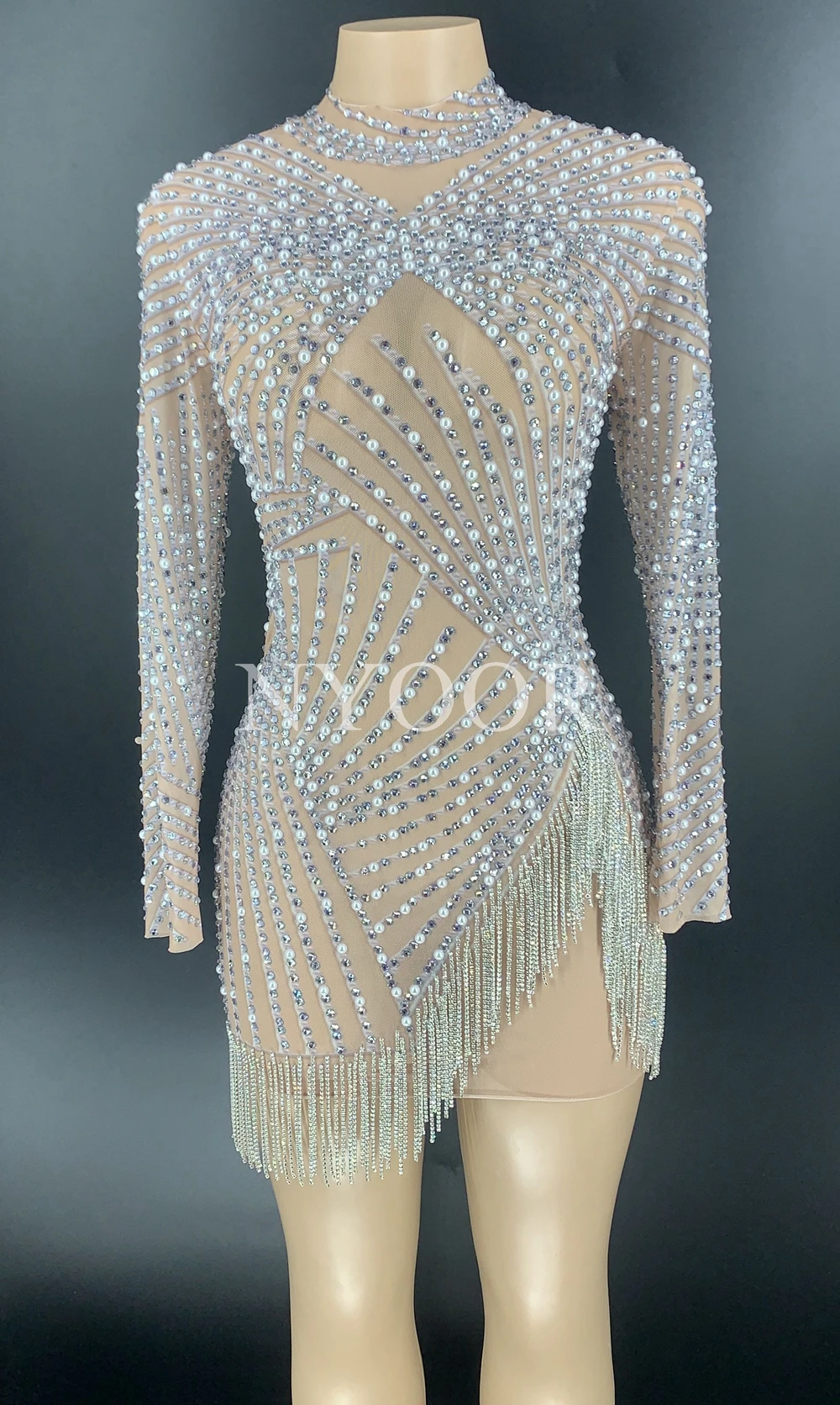 Блестящее Серебряное платье стразы с бахромой прозрачное для празднования дня