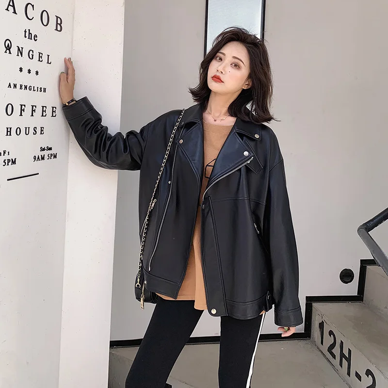 

YICIYA White Black Spring Faux Leather Biker Jacket Women Plus Size Pu Leather Jackets For Women Long Sleeve Zipper Loose