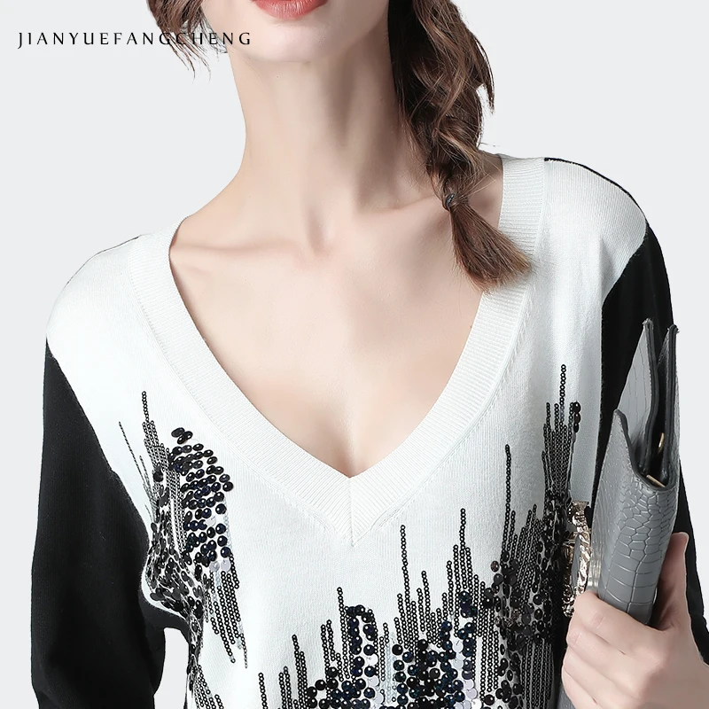 100% хлопок женский свитер с пайетками длинными размера плюс ВЯЗАННЫЙ ПУЛОВЕР