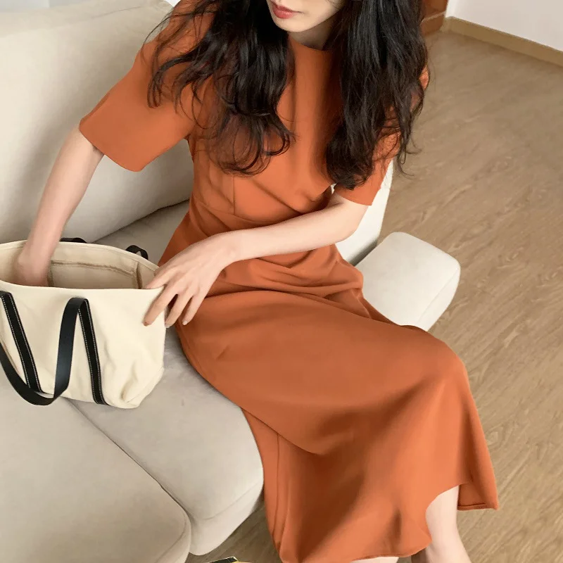 

Korean Chic Summer French Candy Color Skin Showing Round neck dress woman Lace Up Waist Loose Bubble Sleeve Medium Length Dress
