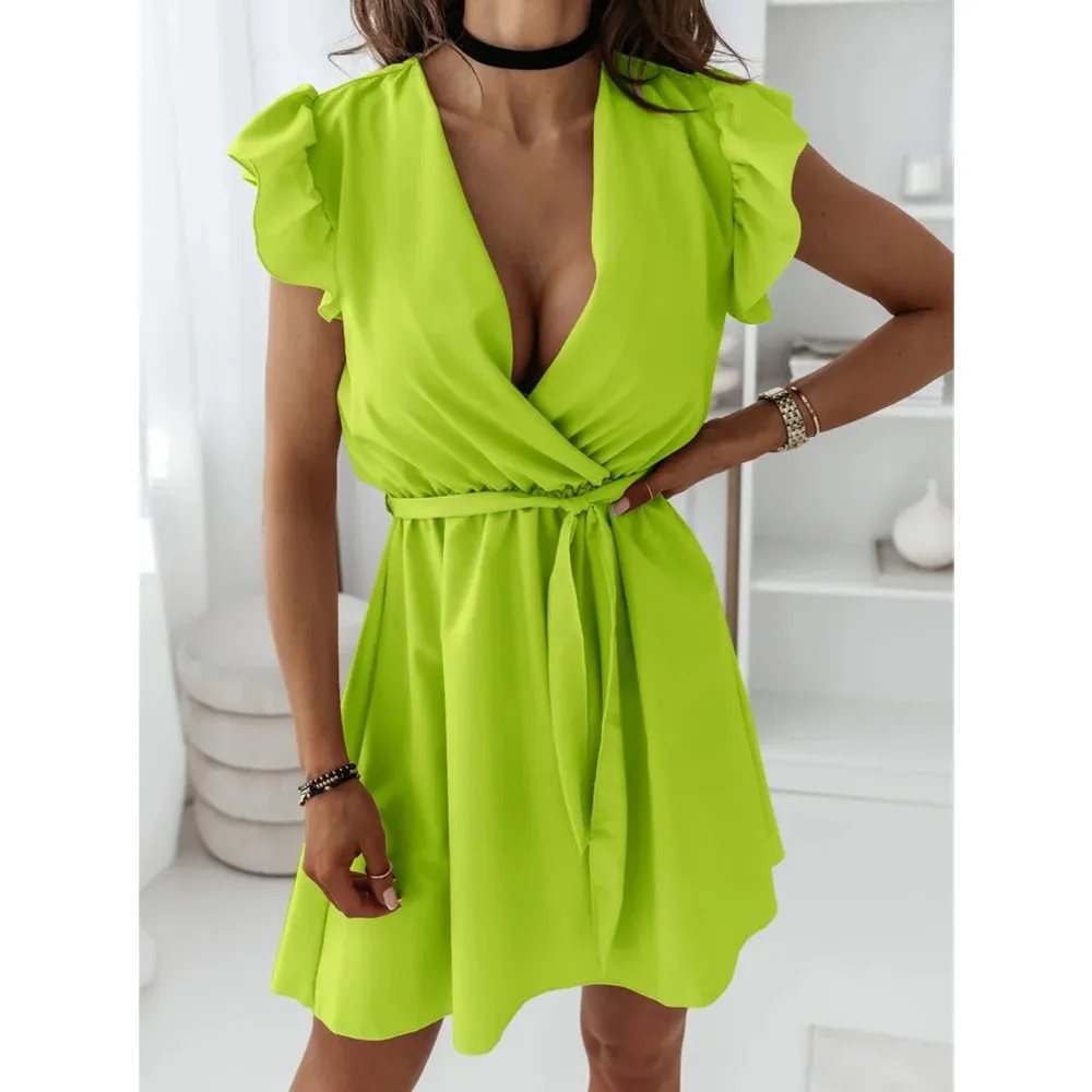

Office Lady Lace-Up A-Line Pullover Dress 2021 Summer Ruffled V-Neck Solid Color Short-Sleeved Dress Women Vestido De Mujer Robe