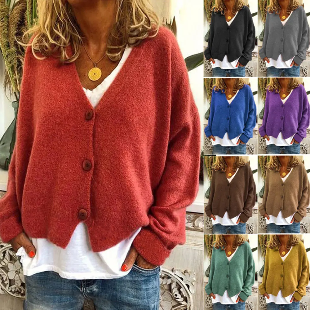 

Fashion Knitted Loose Women Cardigan Sweater Autumn Winter New Style V Neck Single-row Button Long Sleeve Casual Jacket