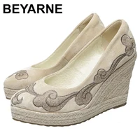 BEYARNEWedge Heel Shoes Women 2021 Spring and Summer New Style Shallow Pointed Toe Thick Bottom Fashion High Heels Straw Sandals