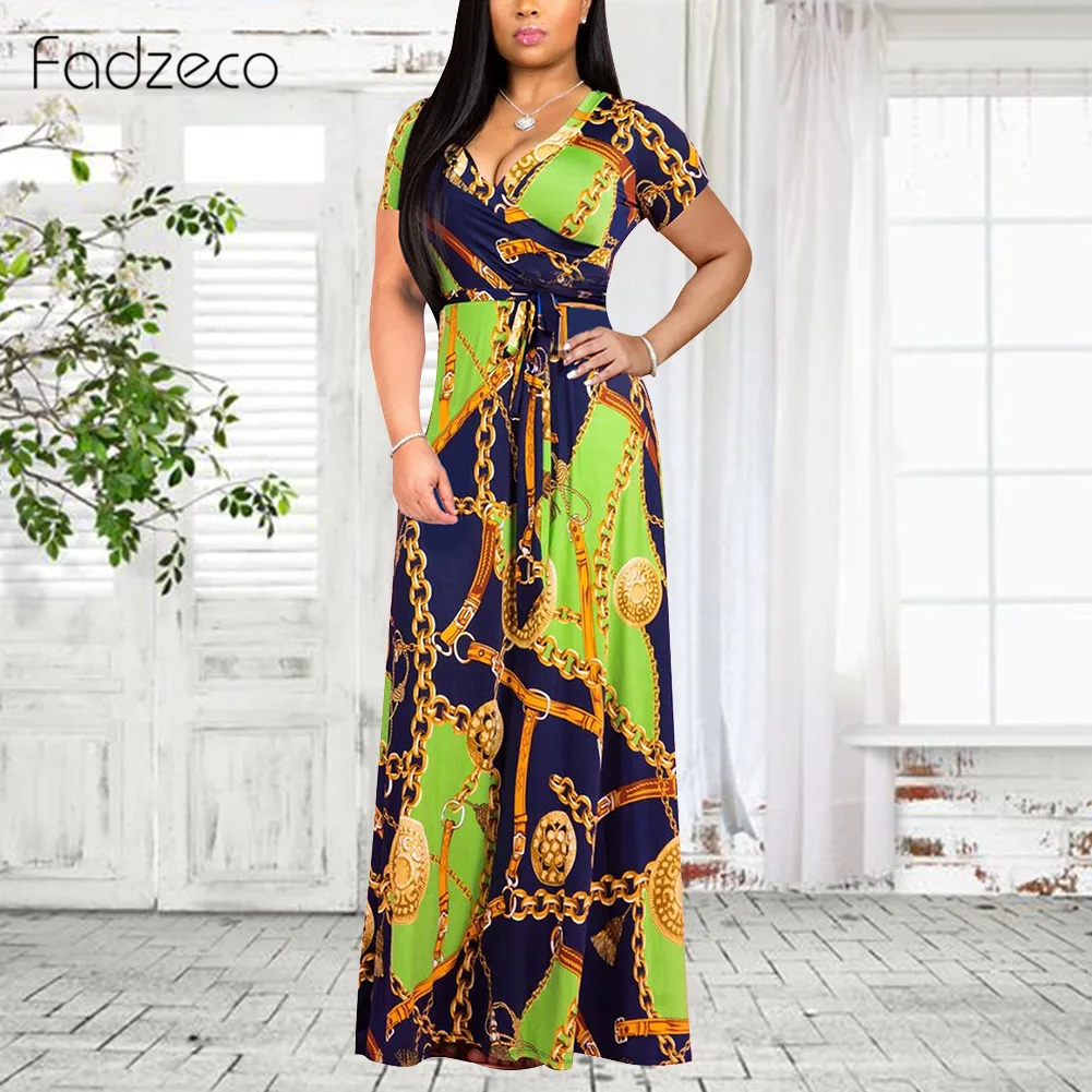 Fadzeco летние африканские платья для женщин Дашики с принтом цепей сексуальное