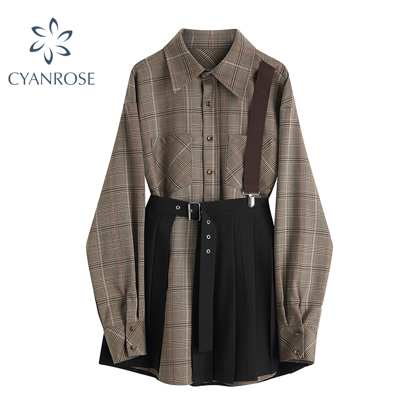 Женский комплект из 2 предметов винтажная клетчатая рубашка с длинным рукавом и