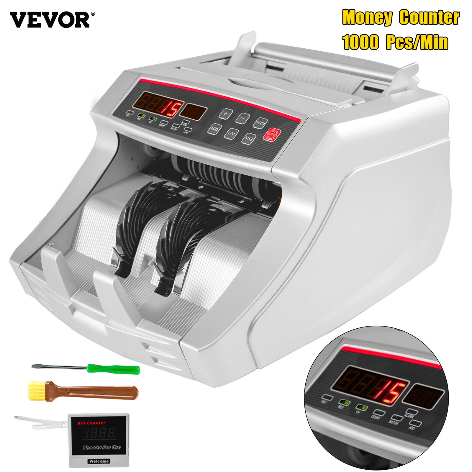 

VEVOR 1000 Pcs/Min Money Counter Business Cash Register Euros Bills Fake Banknote Detector by UV and MG Function for Banks Shops