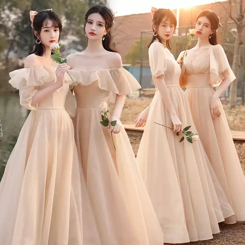 

Bridesmaids Dresses Illusion A-Line Half Strapless Off The Shoulder Lace Tulle Luxury Light Yellow Women Wedding Party Gown E537