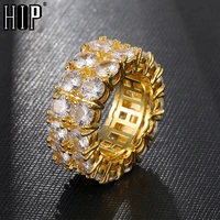 hip hop two row charm iced cubic zircon ring gold color copper rings for men jewelry us size 8 11 dropshipping