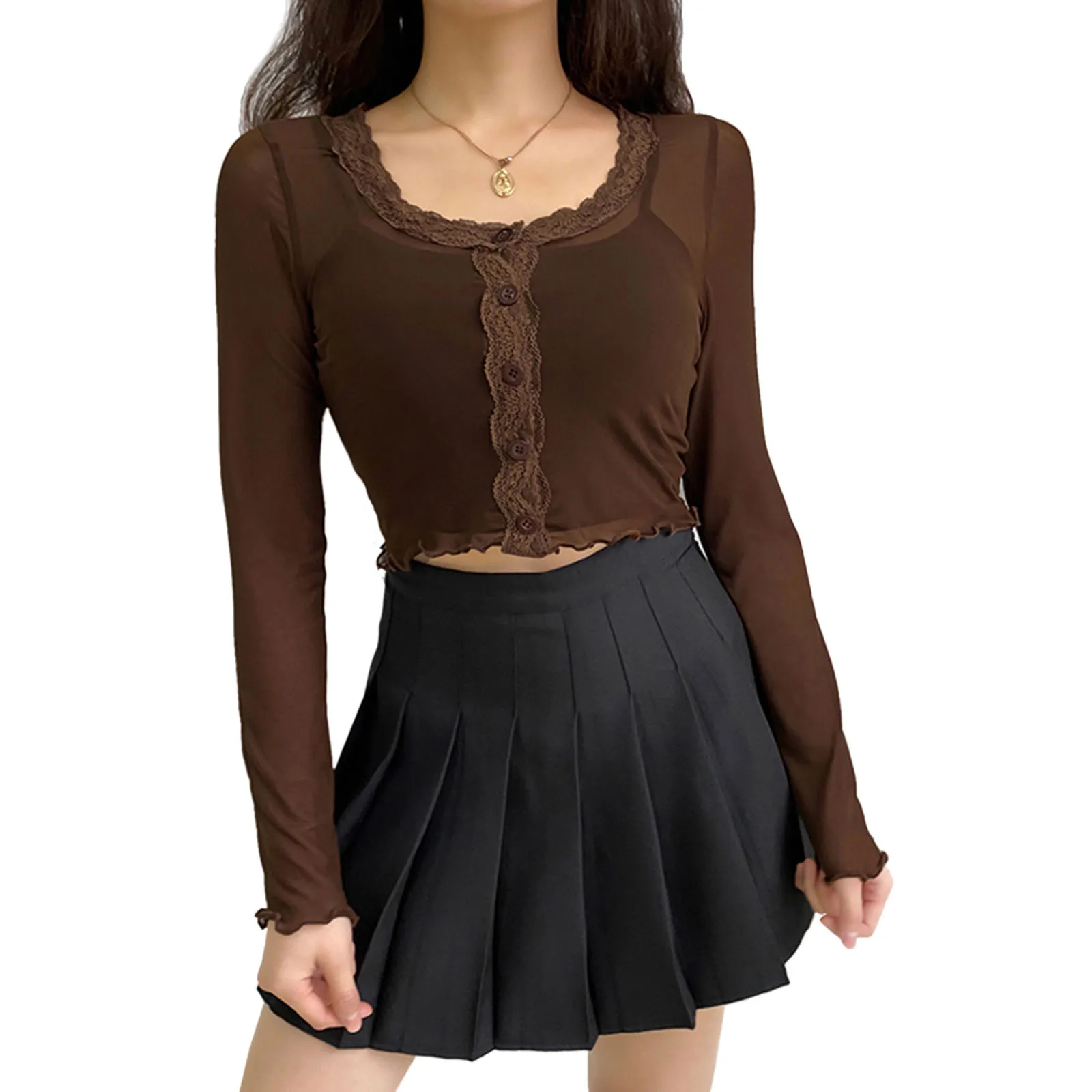 

Fall Women's Sexy See-Through Long-Sleeve Tops Round Neck Skinny Lace Cropped Top