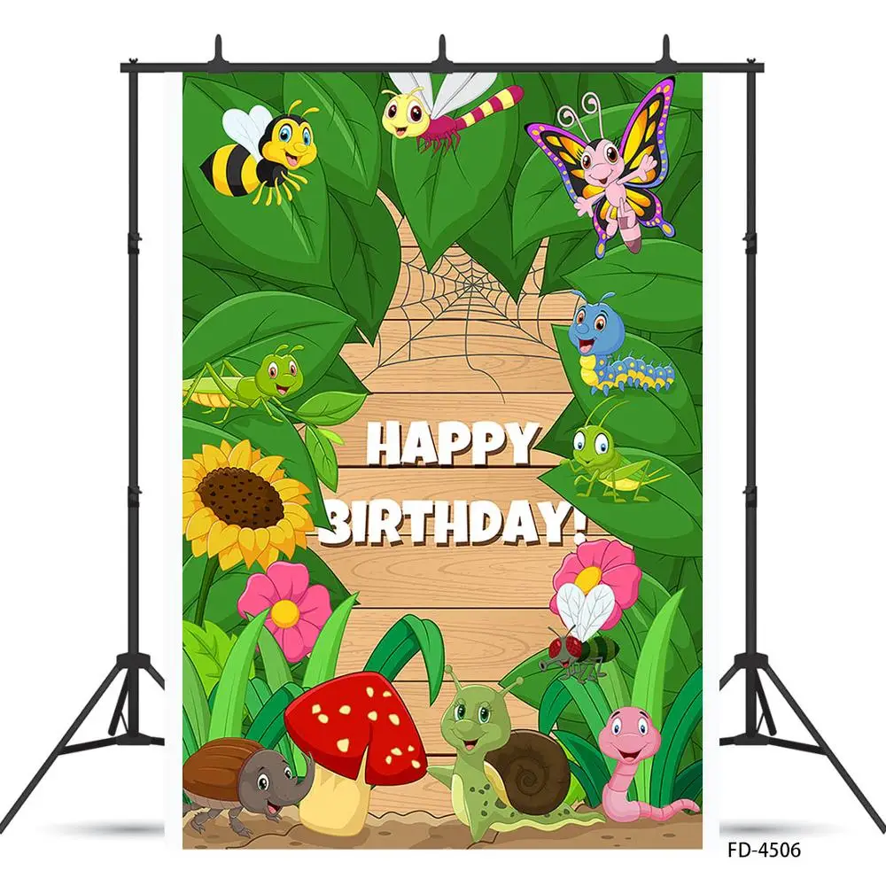 Виниловый фон для фотосъемки детей с изображением насекомых цветов грибов