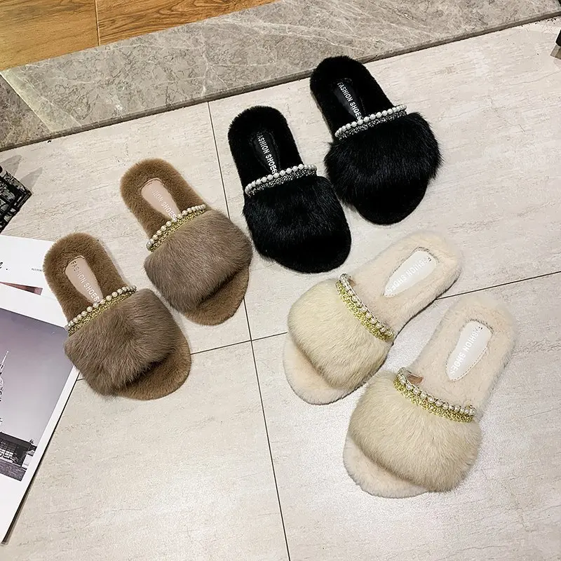 

2020 spring and summer new hairy slippers women fashion pearl outer wear slippers wild round head casual flat slippers X387